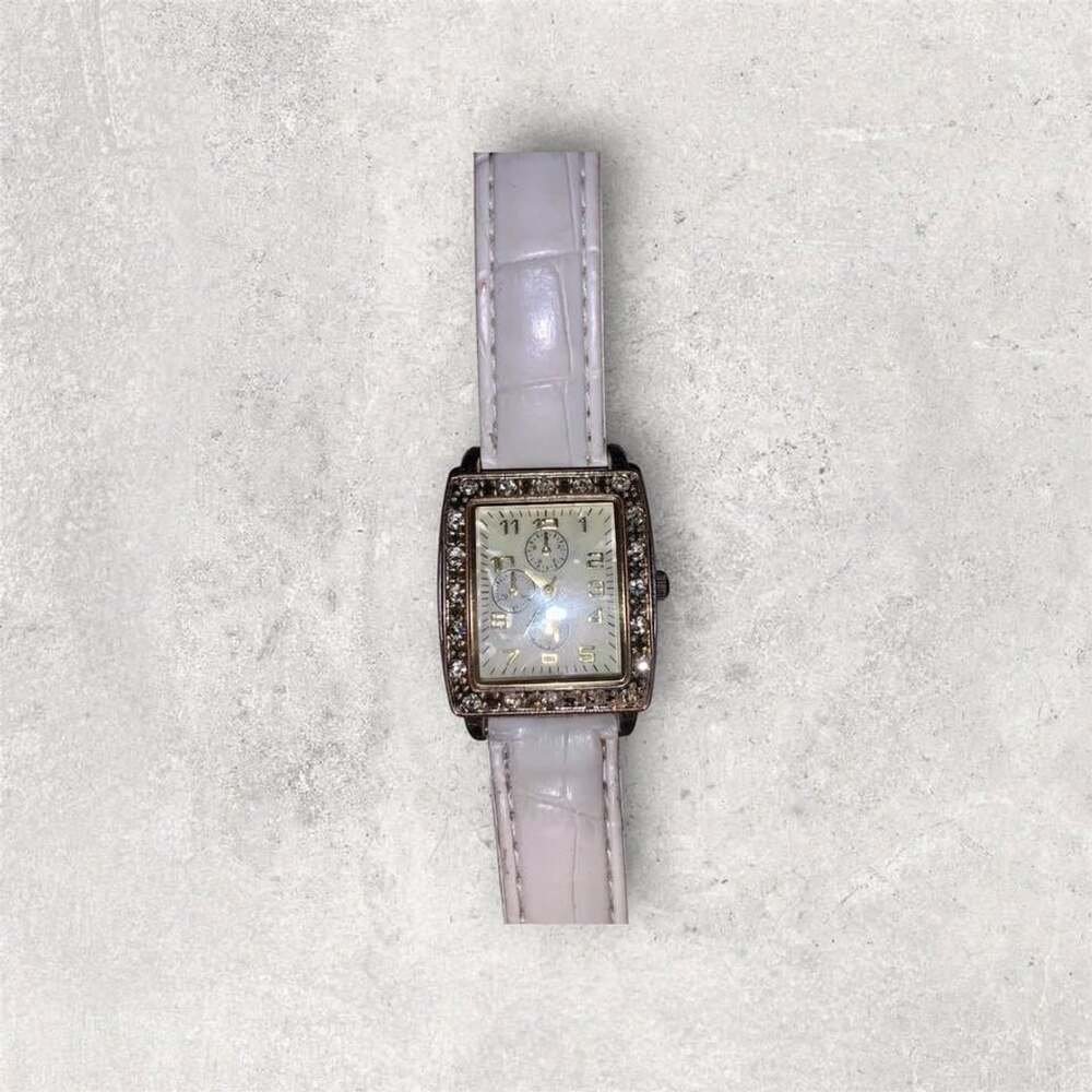 Y2K Women's Quartz Rectangular Crystal Bezel Watch with White Strap